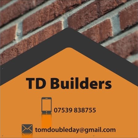 The TD Builders logo: a dark chevron over an orange field beneath a photograph of red brickwork, reading TD Builders, 07539 838755, tomdoubleday@gmail.com